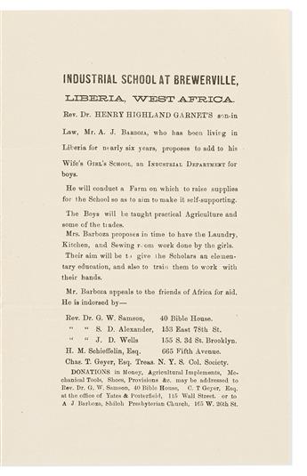 (AFRICA.) Antero J. Barboza. Letter by Henry Highland Garnet's son-in-law, requesting support of the family's school in Liberia.